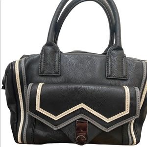 BCBGENERATION Satchel Bag Black Grey Faux Leather MAGNETIC CLOSURE